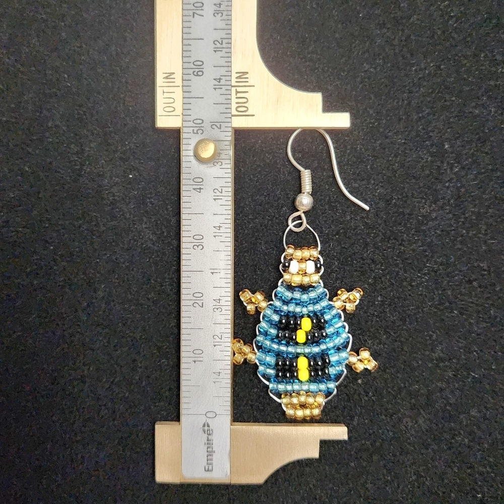 Handcrafted Beaded Blue and Gold Bug Earrings - Picture 3 of 5
